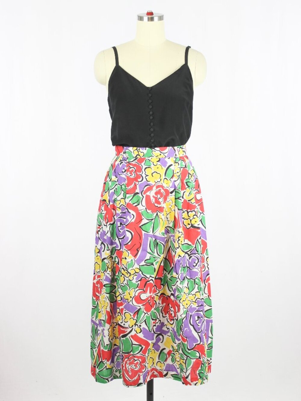 Vintage 80's LANA LEE Floral Print Cotton Pleated A-Line Midi Skirt, Size 9/10